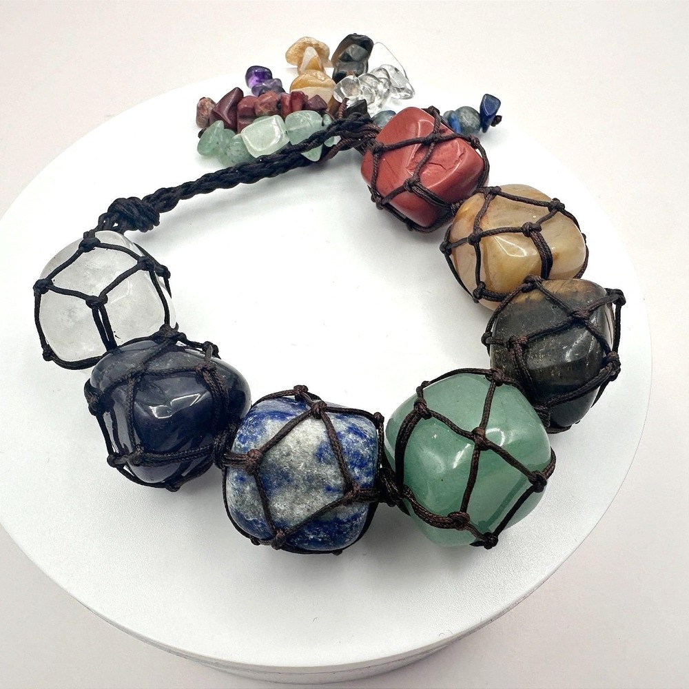 Vintage Y2K  Chakra Macrame Healing‎ Bracelet Natural Tumbled Stone Boho Jewelry